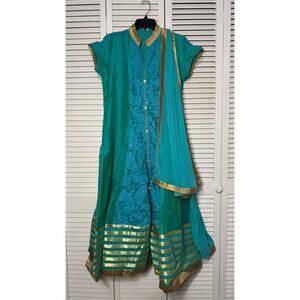 Women's L/XL Blue-Green Indian 3 Piece Anarkali